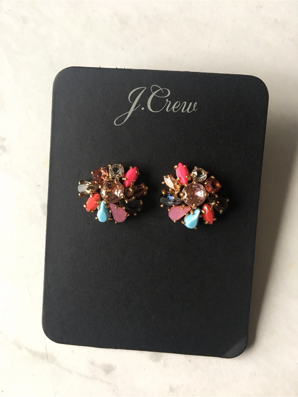 NWT J. Crew Gold-Tone Multi Gem Cluster Earrings with Pink & Turquoise Accents